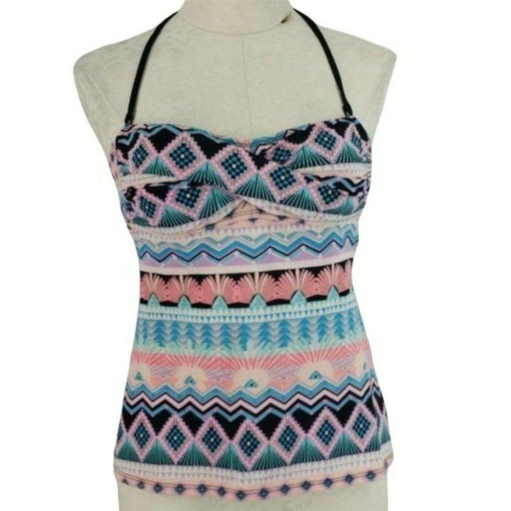 Hobie Geometric Tribal Print Halter Tankini Swim Top Pink Blue Black Small